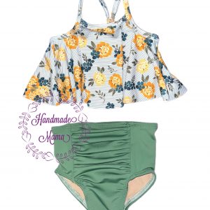 Mustard Teal Olive Stripe Floral Swing Top & Olive Ruched High-Rise Bottoms
