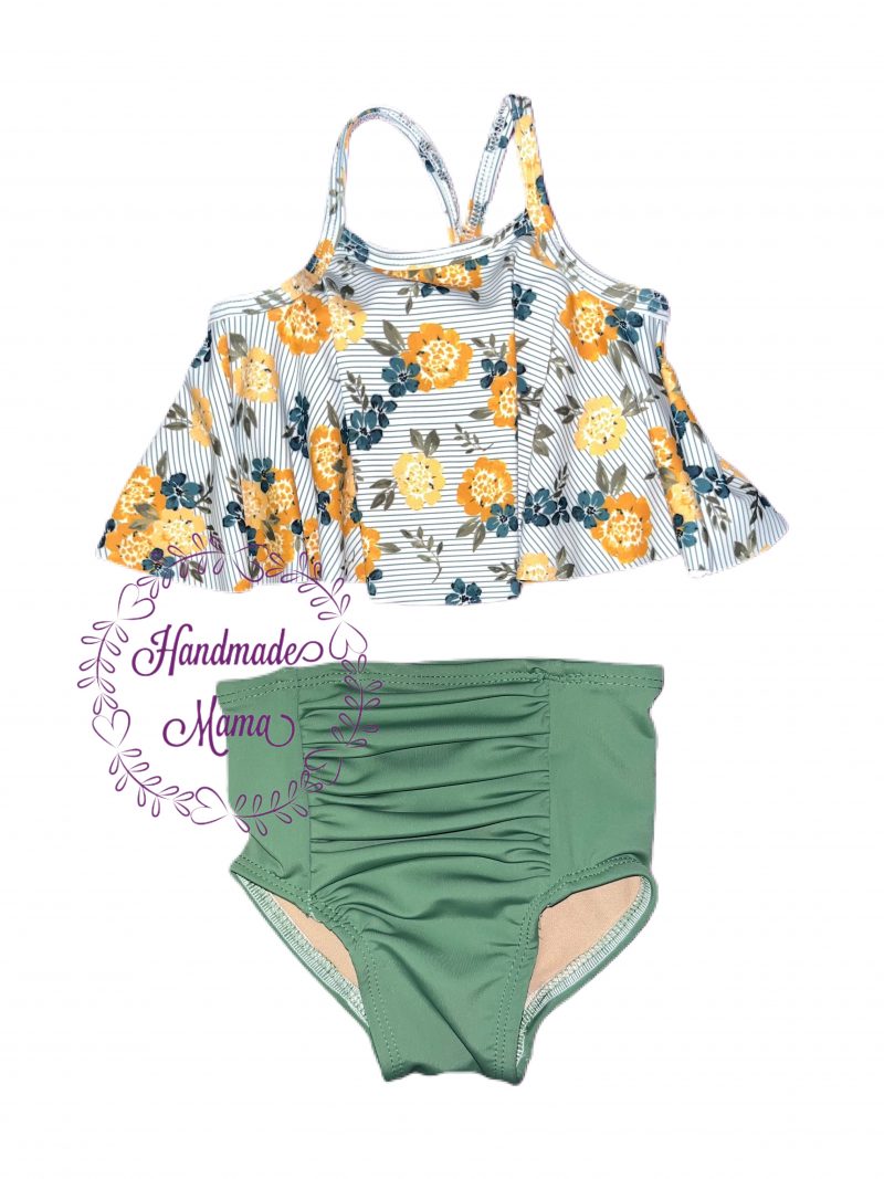 Mustard Teal Olive Stripe Floral Swing Top & Olive Ruched High-Rise Bottoms