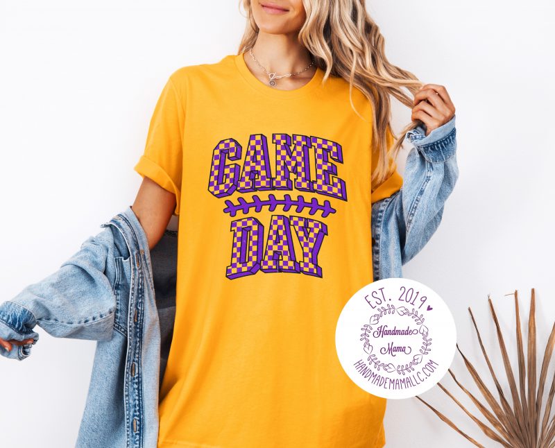 Purple Gold Checkered Game Day Pressed Design Apparel
