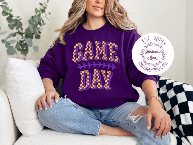 Purple Gold Checkered Game Day Pressed Design Apparel - Image 2