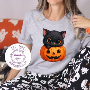Cute Pumpkin Black Kitty Pressed Design Apparel