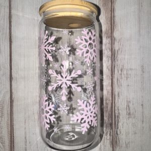 Pink Snowflakes Glass 16oz Glass Tumbler
